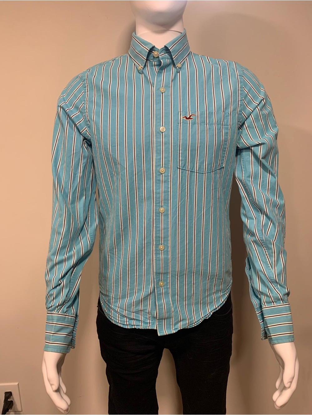 Hollister Button Down Shirt Mens XS Aqua Blue Striped Preppy Coastal Vintage Y2K